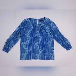 Kelly Wearstler Retro Print Blue 100% Silk Top Blouse Women's Size 4 Lightweight